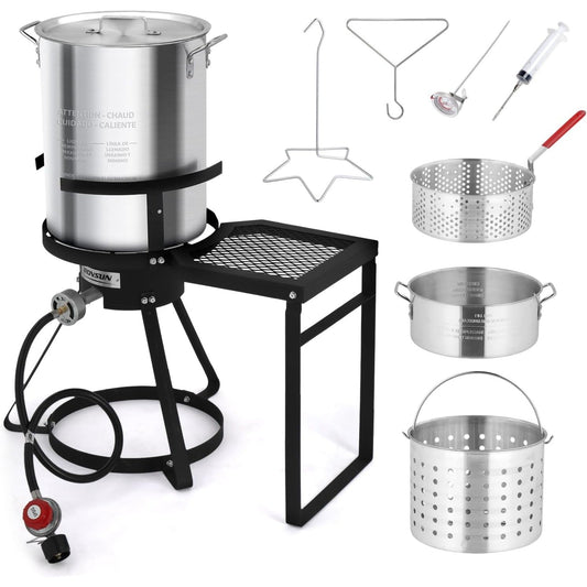 30-Quart Outdoor Turkey Deep Fryer Kit with 100,000 BTU Propane Burner Strainer Basket Steamer Plate & Foldable Side Shelf for Seafood Boils Frying & Steaming