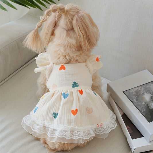 Cute Colorful Heart Dog Dress for Small Dogs & Cats - Soft Gauze Skin-Friendly Pet Doll Dress for Girls, All-Season Cat & Dog Princess Outfit, Adorable Pet Skirt for Teacup Dogs, Puppies & Kittens