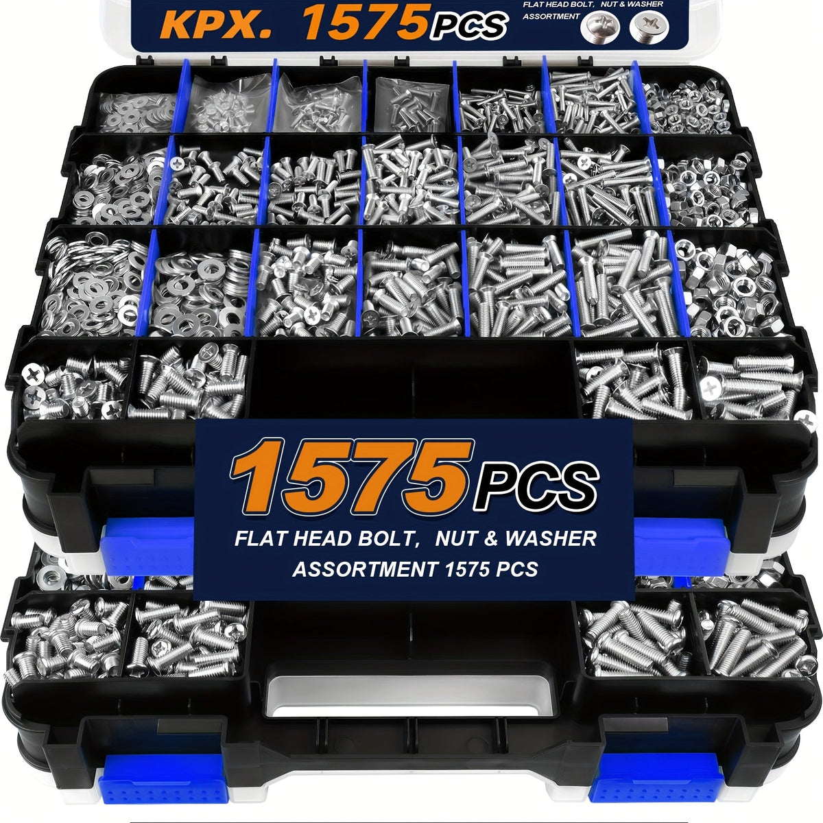 1575-Piece Nut & Bolt Assortment Set - Phillips & Flat Head Screws, Nuts, Bolts & Washers with Double-Sided Storage Case - 10 Colors