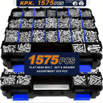 1575-Piece Nut & Bolt Assortment Set - Phillips & Flat Head Screws, Nuts, Bolts & Washers with Double-Sided Storage Case - 10 Colors