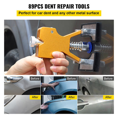 VEVOR 89-Piece Paintless Dent Repair Kit with Golden Dent Lifter Glue Puller Tabs 10 Rods Slide Hammer & Hot Glue Gun for Auto Hail Damage Door Dings & Minor Dents – No Paint Damage