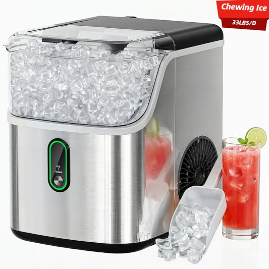 Nugget Ice Maker Countertop 33Lbs/Day Self-Cleaning, Portable Pebble Chewing Ice Machine with One-Button Control & 1.1L Tank, Compact Quiet for Home, Office & Outdoor Party