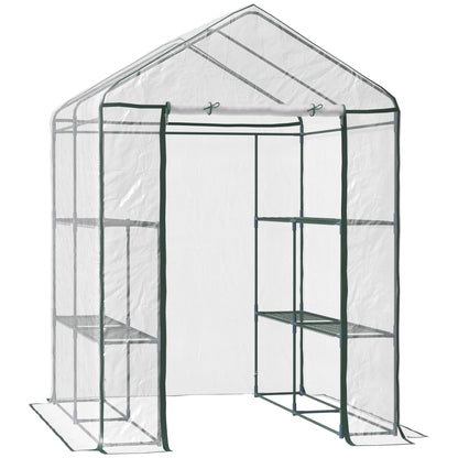 Walk-In Portable Greenhouse 56"x56"x77", 8 Wire Shelves, Transparent PVC Cover, Roll-Up Zipper Door, Ground Stakes & Guy Ropes, for Outdoor Garden Seedlings Flowers Vegetables, Year-Round Growing