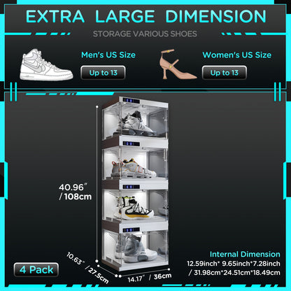 LED Shoe Storage Box Transparent Stackable with Auto-Open Lid, Intelligent Control Clear Plastic Sneaker Display Case for Sports Shoe Collection & Wardrobe Closet Organization, White 1 or 4 Pack