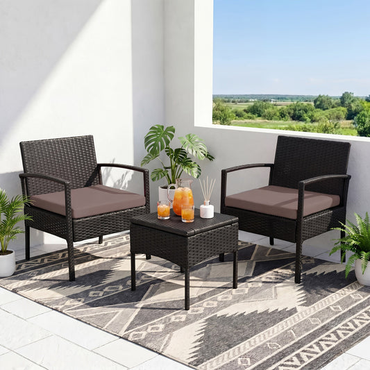 3-Piece Outdoor Patio Wicker Rattan Furniture Set, 2 Bistro Conversation Chairs & Side Table, Weather-Resistant, Ergonomic Design, for Garden, Balcony, Patio, Deck & Yard
