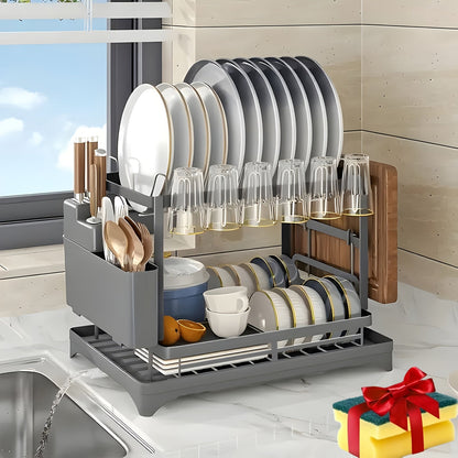 Two-Tier Dish Drying Rack with Drainboard – Metal Kitchen Dish Drainer for Counter, 2-Level Dish Holder for Plates, Cups, Bowls & Utensils, Black Gray White, Standard & Plus Size