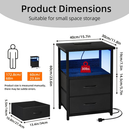 LED Nightstand with Charging Station - 1/2/3/4 Drawers, RGB App-Controlled Music-Sync Lighting, Metal Frame, Fabric Drawers & PU Finish, Adjustable Legs, 2 AC Outlets - 1 or 2 Pack - Bedroom & Living Room - Black, White, Gray & Brown
