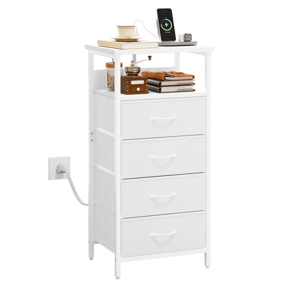 LED Nightstand with Charging Station - 1/2/3/4 Drawers, RGB App-Controlled Music-Sync Lighting, Metal Frame, Fabric Drawers & PU Finish, Adjustable Legs, 2 AC Outlets - 1 or 2 Pack - Bedroom & Living Room - Black, White, Gray & Brown