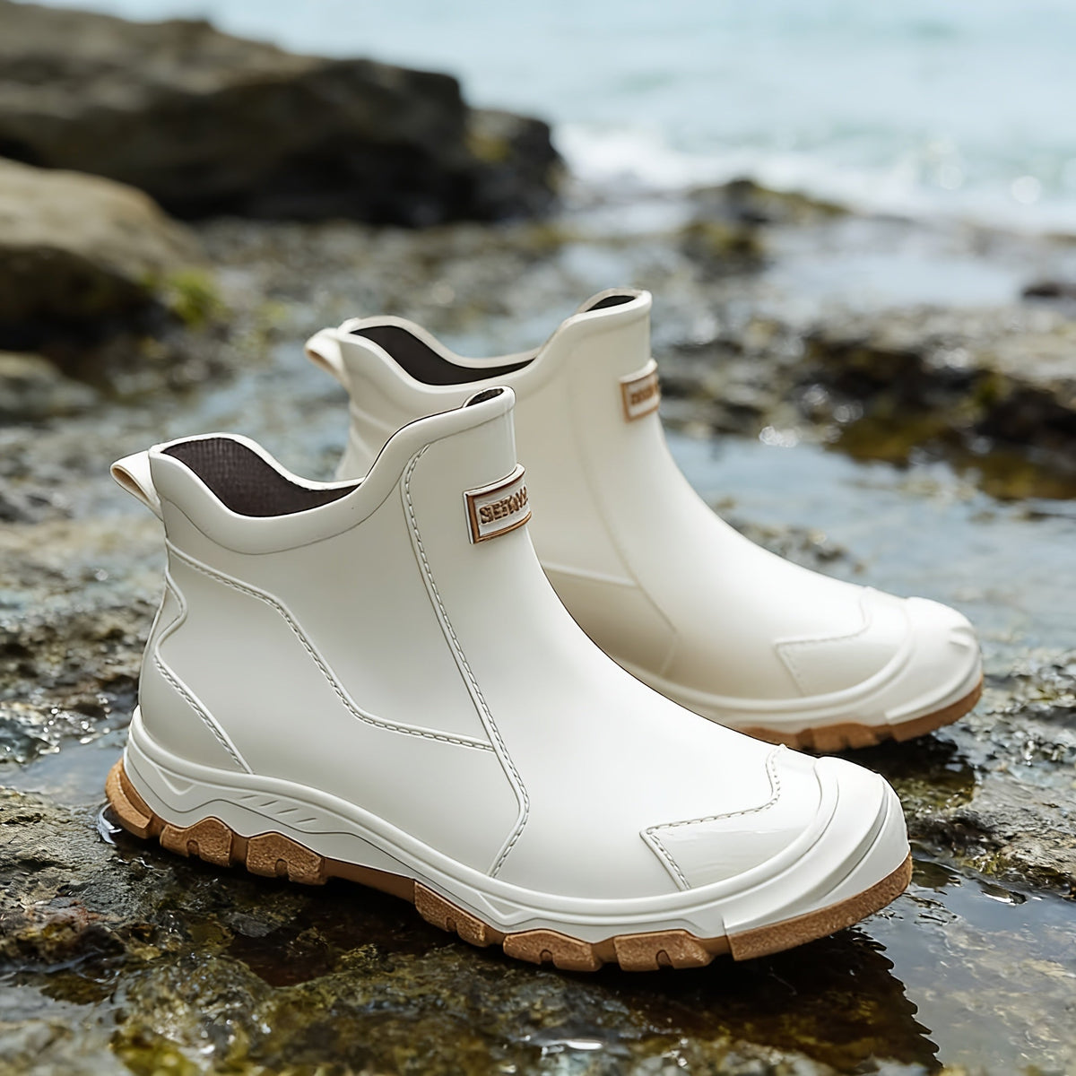 Lightweight Non-Slip Short Ankle Rain Boots for Men and Women Cushioned Insoles Breathable Lining Textured Anti-Slip Sole Fashionable Unisex Couple Rain Boots for Car Washing Outdoor Activities Black Beige US 5.5-12