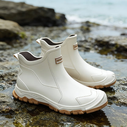 Lightweight Non-Slip Short Ankle Rain Boots for Men and Women Cushioned Insoles Breathable Lining Textured Anti-Slip Sole Fashionable Unisex Couple Rain Boots for Car Washing Outdoor Activities Black Beige US 5.5-12