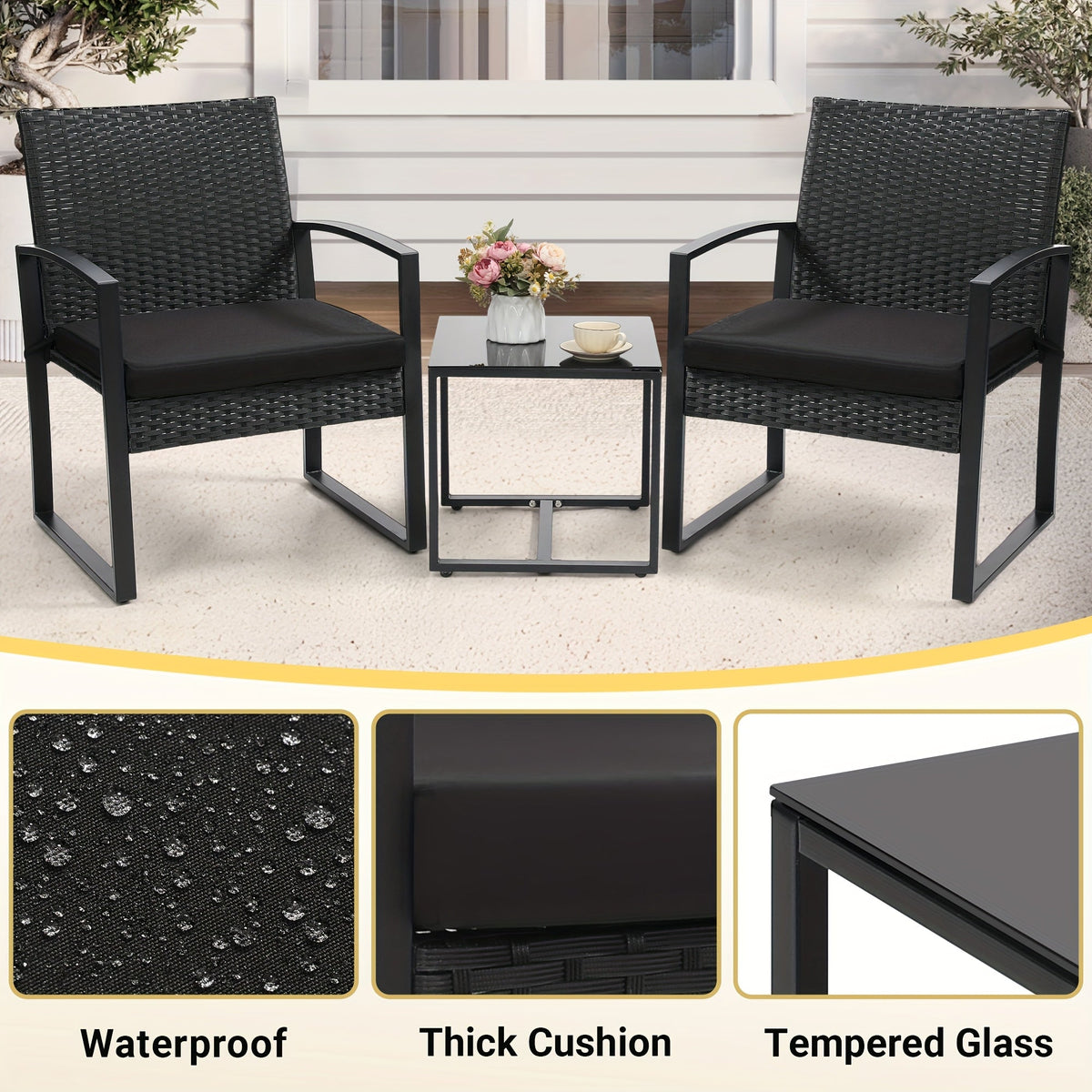 Rattan Bistro Set 3-Piece with Safety Glass Top Table & Plush Cushions – Outdoor Patio Conversation Set with 2 Chairs for Backyard, Balcony & Garden, Black Rattan Gray Black Beige Cushion – Nova Mart
