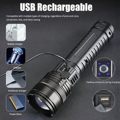 Extra-Large USB Rechargeable Flashlight with COB Tail Light – 5 Adjustable Modes Zoomable Focus & Power Bank Function, Super Bright Handheld Torch for Emergencies Hiking Camping & Outdoor Adventures
