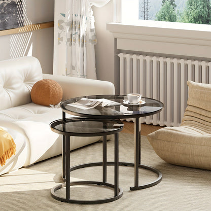 Nesting Glass Coffee Tables Set of 2 – Round Modern Industrial Metal Frame Side Tables for Living Room Bedroom in Clear Gray Striped & Tea Glass with Gold or Black Frame