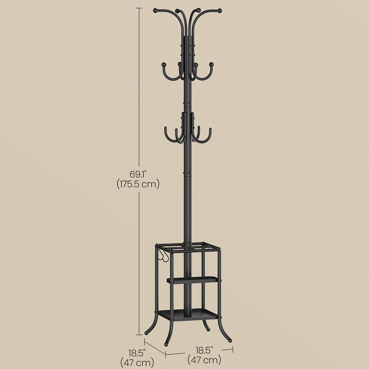 Metal Freestanding Coat Rack Stand with 12 Hooks & Umbrella Storage Base – Multi-Hook Garment Holder for Hallway Entryway Bedroom