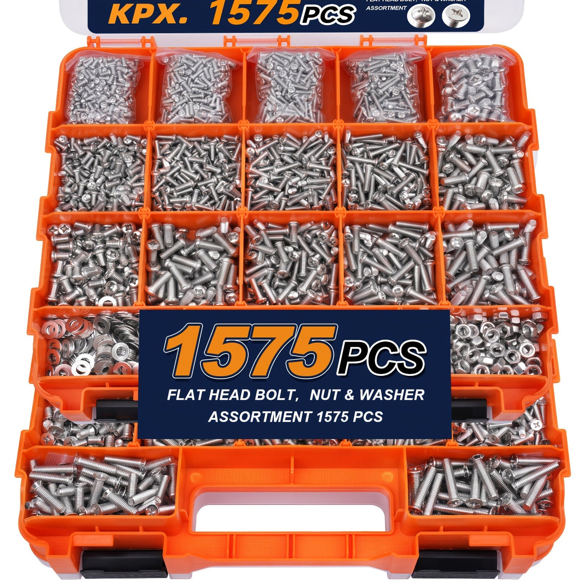 1575-Piece Nut & Bolt Assortment Set - Phillips & Flat Head Screws, Nuts, Bolts & Washers with Double-Sided Storage Case - 10 Colors