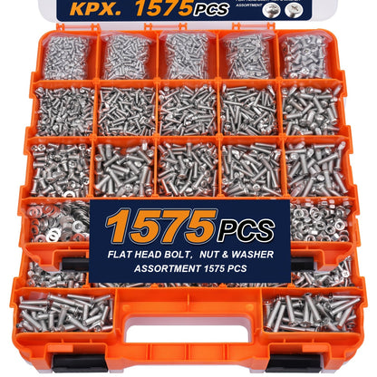 1575-Piece Nut & Bolt Assortment Set - Phillips & Flat Head Screws, Nuts, Bolts & Washers with Double-Sided Storage Case - 10 Colors