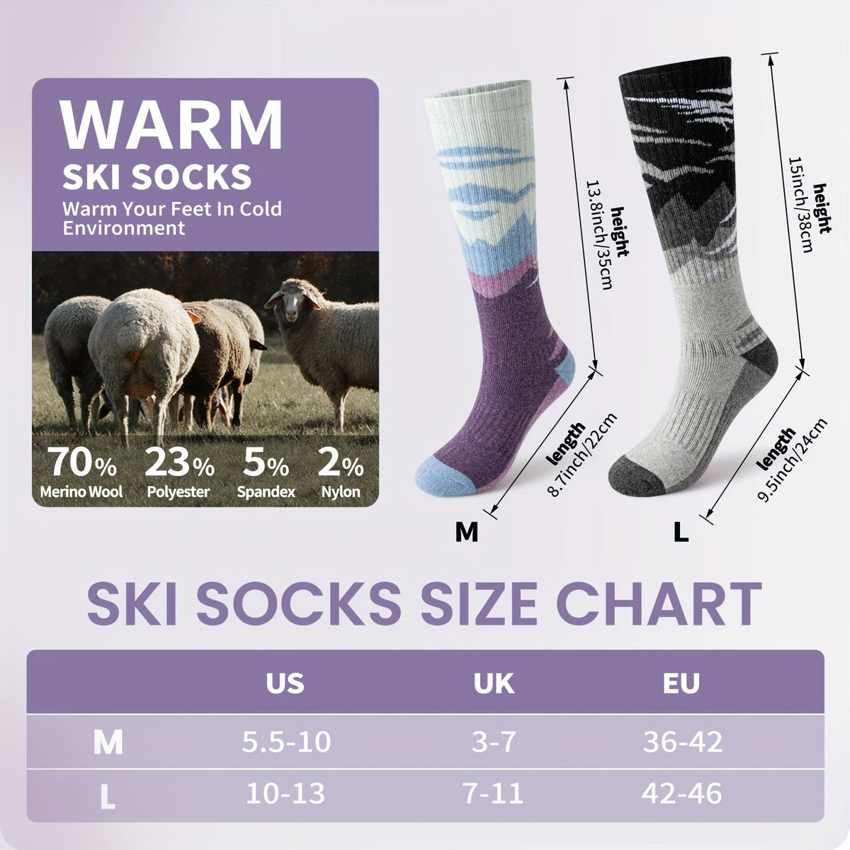 Wool Ski Socks 3 Pairs Thermal Knee High for Men & Women – Thick Warm Winter Socks for Skiing, Snowboarding & Outdoor Sports, 70% Wool, Sizes M & L, Multicolor / Dark / Snow Mountain