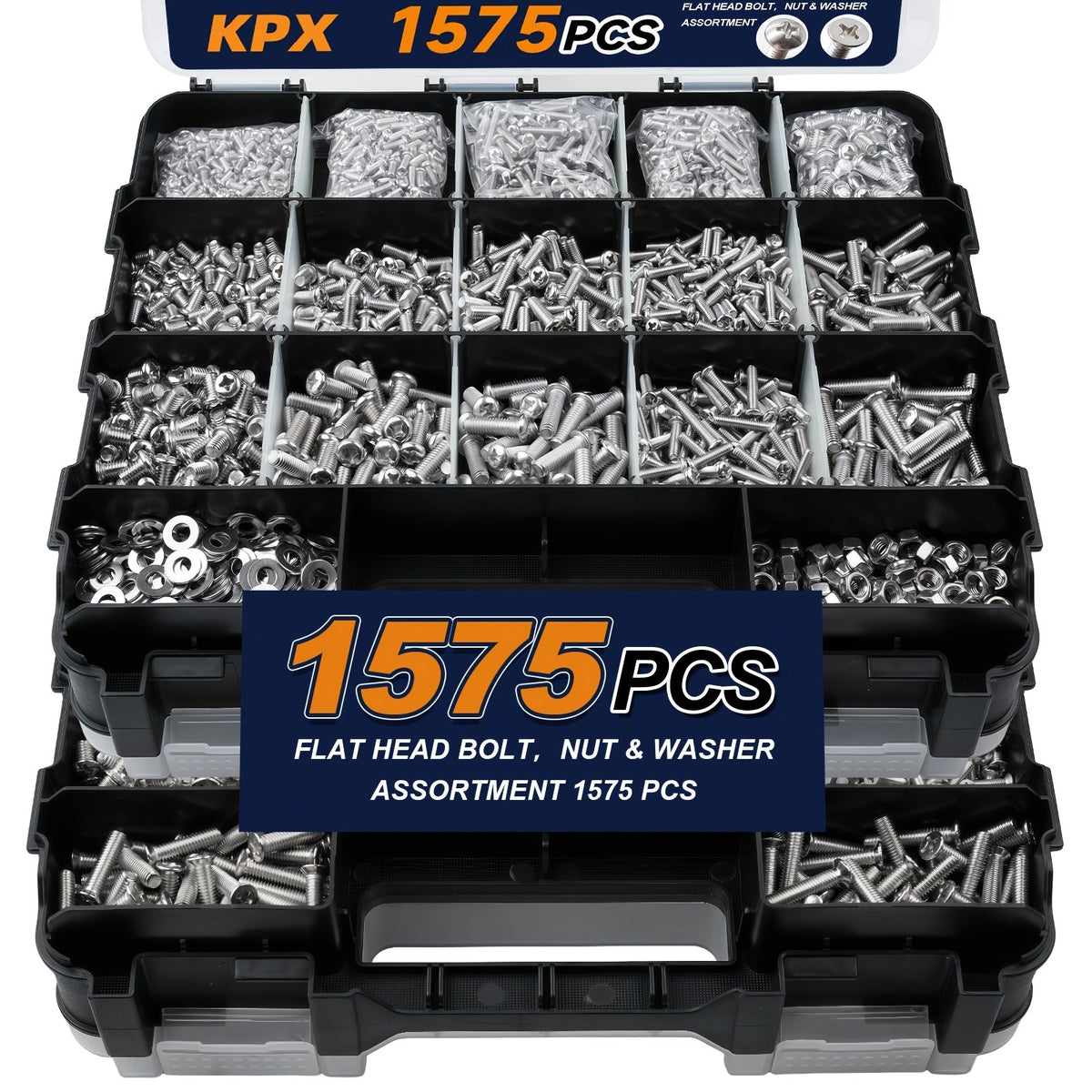 1575-Piece Nut & Bolt Assortment Set - Phillips & Flat Head Screws, Nuts, Bolts & Washers with Double-Sided Storage Case - 10 Colors