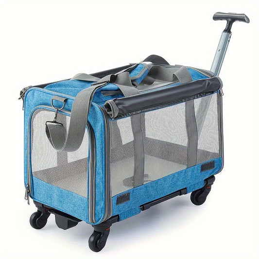Portable Pet Stroller Carrier with Aluminum Frame & Wheels - Travel Luggage Style Rolling Pet Carrier for Cats Small Dogs with Pull Handle Stress-Resistant Plastic Shell - Pink Blue