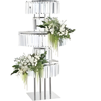5-Tier Crystal Chandelier Flower Stand – Metal Pedestal with Hanging Crystals for Wedding Centerpiece T-Stage Road Lead Event & Holiday Decoration