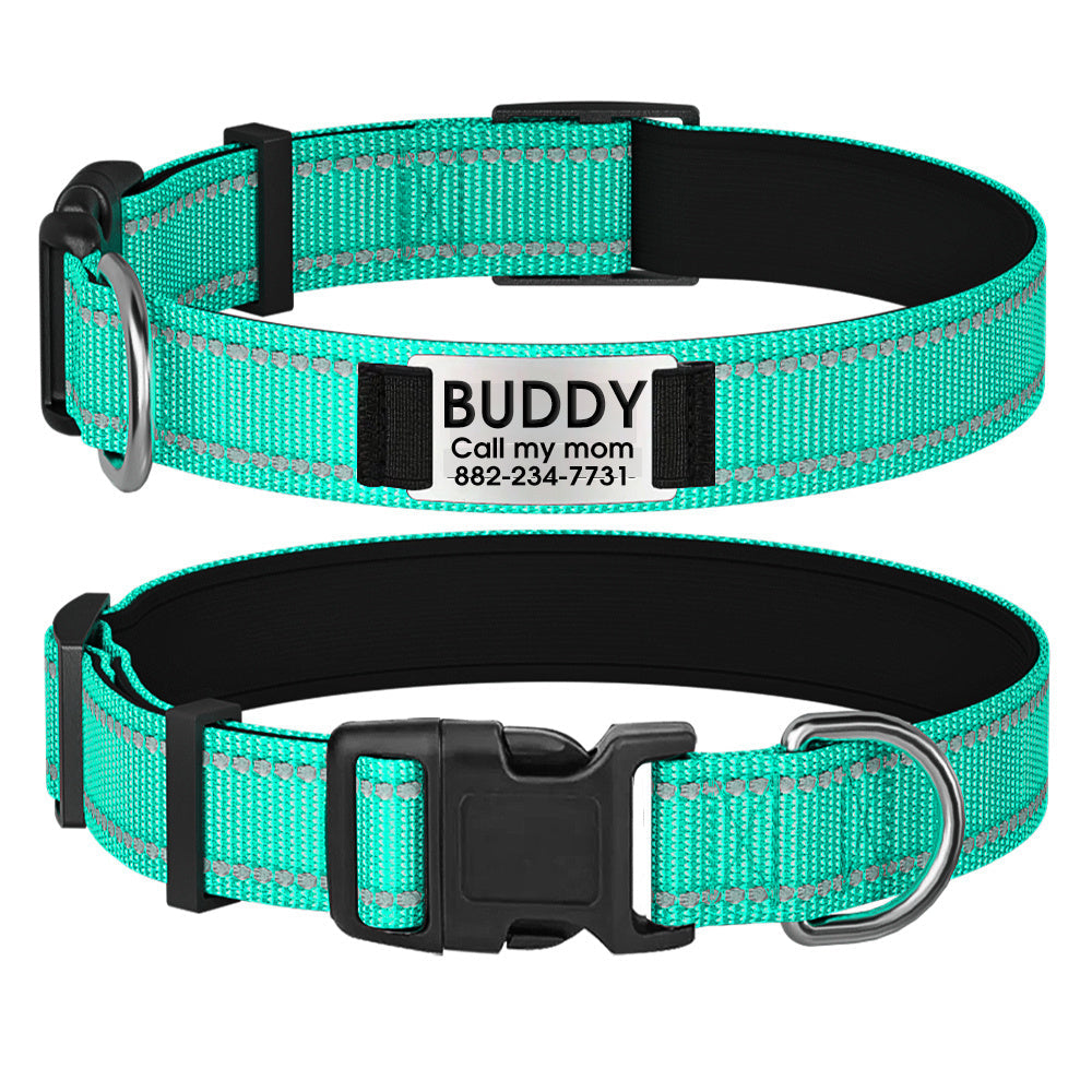 Customizable Reflective Dog Collar with Personalized Name Plate - Padded Nylon Comfort Fit, 12 Color Options, Engraved ID Tag Alternative for Small Medium & Large Dogs, Perfect Personalized Dog Gift for Dog Lovers