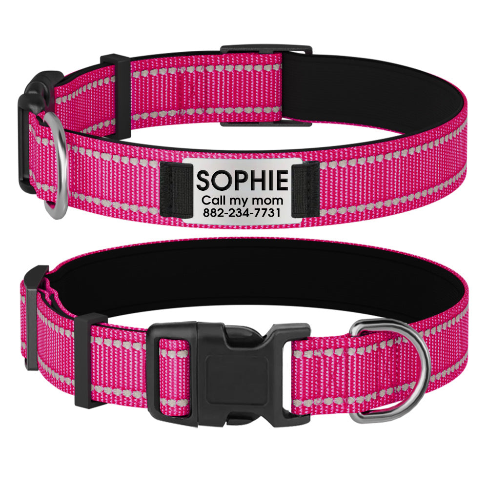 Customizable Reflective Dog Collar with Personalized Name Plate - Padded Nylon Comfort Fit, 12 Color Options, Engraved ID Tag Alternative for Small Medium & Large Dogs, Perfect Personalized Dog Gift for Dog Lovers