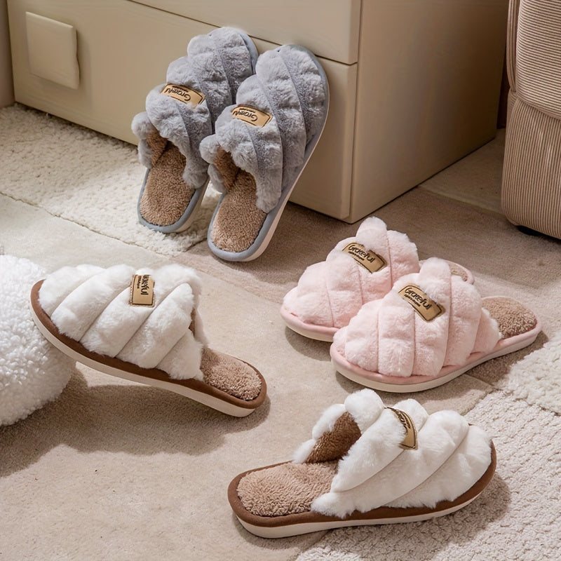 Pineapple Grain Contrast Color Plush Slippers - Unisex, Non-Slip, Warm & Cozy Slip-On Indoor Home Slippers for Autumn & Winter - US 4.5–14 - Ivory White, Pink Red, Light Grey, Royal Blue & Yellow