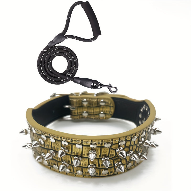 Spiked Studded Dog Collar with Leash Set – Rivet PU Leather Dog Collar for Training & Walking, Punk Rock Style Collar for Small Medium Large Dogs, Adjustable Heavy Duty with Metal Buckle
