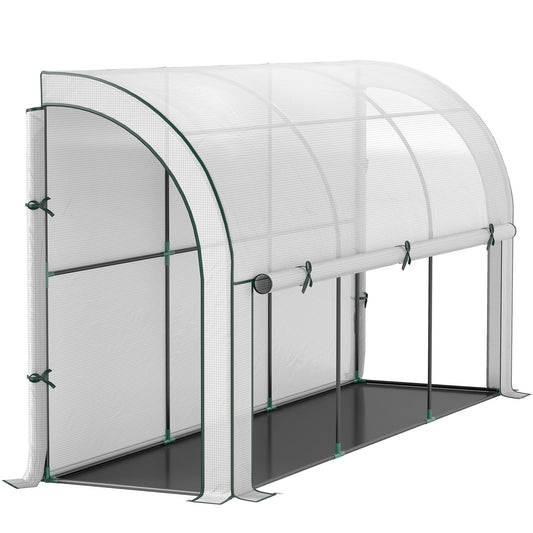 Walk-in Lean-to Wall Greenhouse 10'x3'x5', UV-Resistant PE Cover, Built-In Weed Barrier, 2 Roll-Up Zipper Doors & Window, Wall-Mounted, for Garden Backyard Patio, White