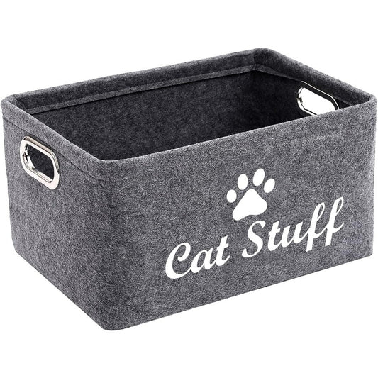 Collapsible Felt Cat Storage Basket with Metal Handles – Foldable Pet Toy Organizer Box for Cat Supplies, Home Organization Bin, Black