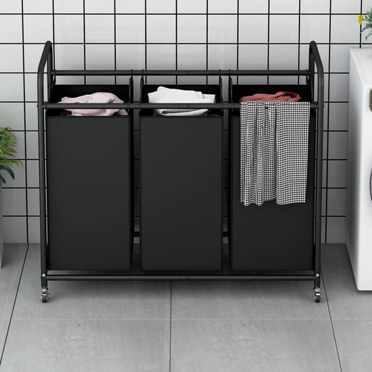 3-Bag Laundry Sorter Cart - 240L/63.4gal, Heavy-Duty Lockable Rolling Wheels, Removable Bags, Non-Woven Reinforced Frame - Bedroom & Laundry Room - Black, Gray, Beige & Brown