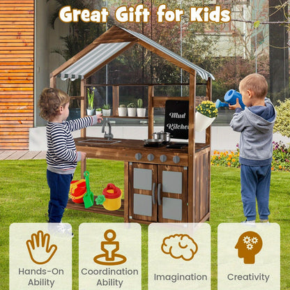 Mud Kitchen for Kids 3-7, Outdoor Solid Wood Play Kitchen with Canopy, Rotatable Faucet & Removable Sink, Realistic Stoves & Knobs, Chalkboard, Ample Storage – Natural Wood Backyard Pretend Cooking Set