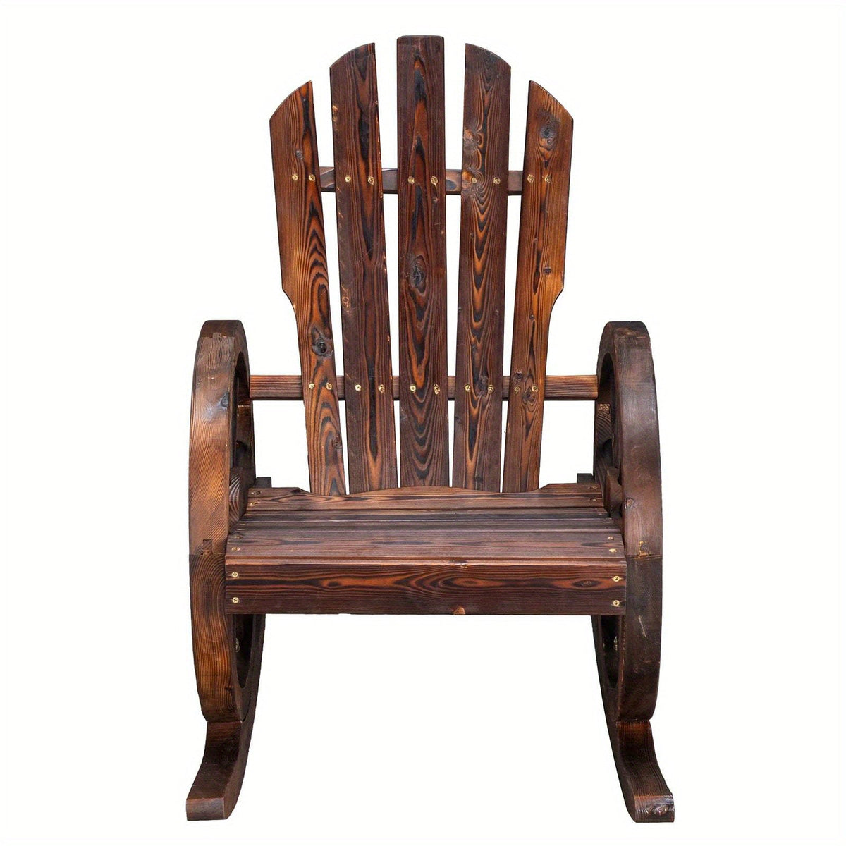 Outdoor Solid Fir Wood Wagon Wheel Rocking Chair, 330 Lb Capacity, Carbonized Finish, for Patio, Garden & Porch