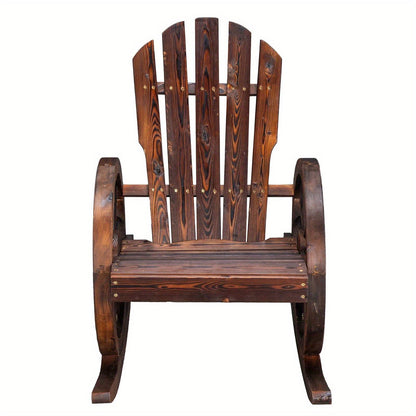 Outdoor Solid Fir Wood Wagon Wheel Rocking Chair, 330 Lb Capacity, Carbonized Finish, for Patio, Garden & Porch