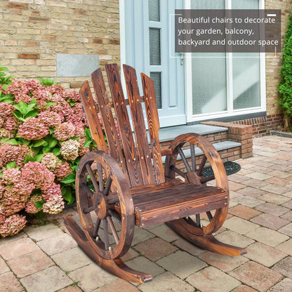 Outdoor Solid Fir Wood Wagon Wheel Rocking Chair, 330 Lb Capacity, Carbonized Finish, for Patio, Garden & Porch