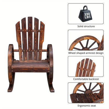 Outdoor Solid Fir Wood Wagon Wheel Rocking Chair, 330 Lb Capacity, Carbonized Finish, for Patio, Garden & Porch