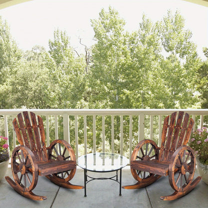 Outdoor Solid Fir Wood Wagon Wheel Rocking Chair, 330 Lb Capacity, Carbonized Finish, for Patio, Garden & Porch