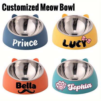 Personalized Stainless Steel Tilted Pet Bowl for Cats and Dogs Custom Name Ergonomic Neck Protection Food Water Bowl Great Gift for Pets Small Medium Large