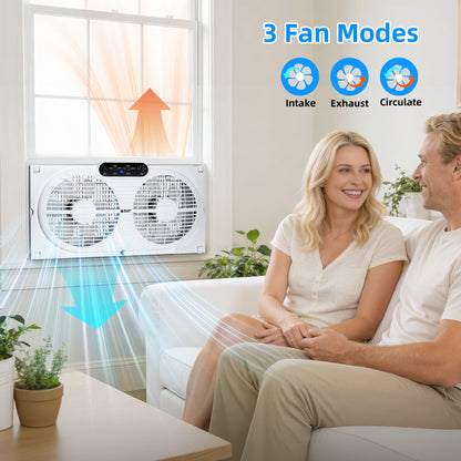 Twin Window Fan 9" - Reversible Airflow, 3 Speeds, 23.8"-37" Expandable Width, Exhaust & Intake - Remote or Timer - Home & Bedroom