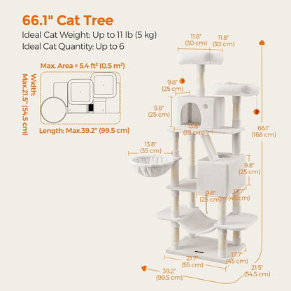 Multi-Level Cat Tree Tower 44-66 Inch with Hammock Sisal Scratching Posts Cozy Cave Perches Anti-Tilt Stable Cat Condo for Multi-Cat Families Kittens & Cats Gift