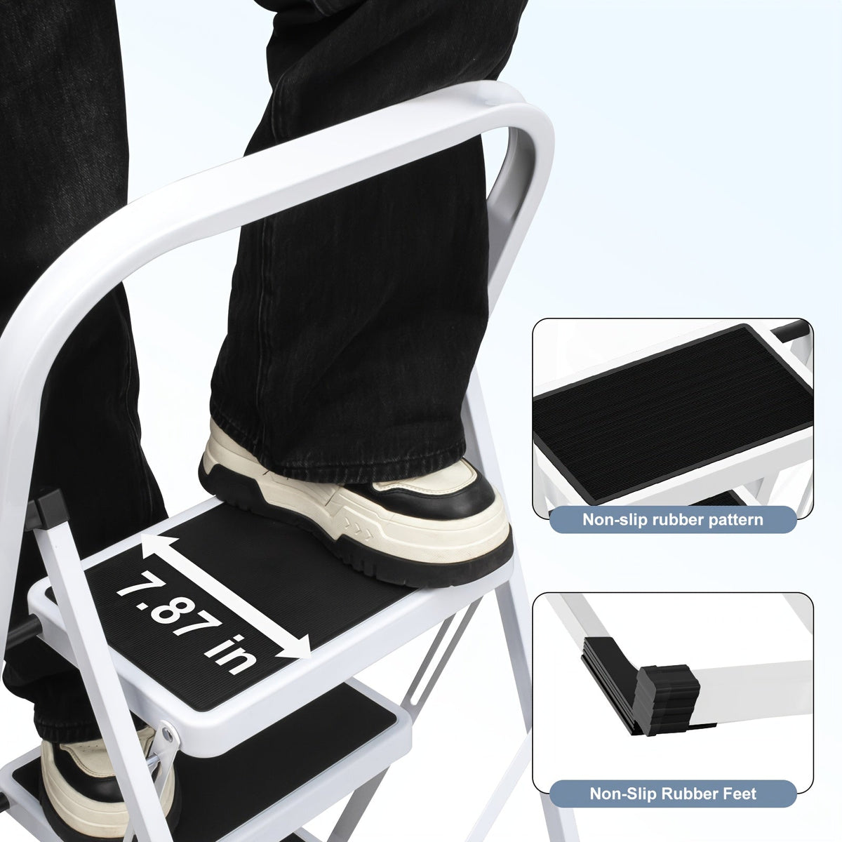 3-Step Folding Step Stool Ladder – 500 LB Capacity Wide Anti-Slip Pedal Handgrip Lightweight Portable Steel for Home Kitchen & Workshop in White & Black