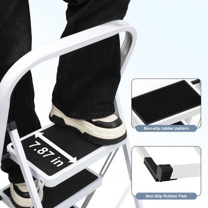 3-Step Folding Step Stool Ladder – 500 LB Capacity Wide Anti-Slip Pedal Handgrip Lightweight Portable Steel for Home Kitchen & Workshop in White & Black