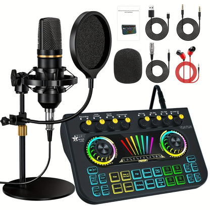 Microphone Mixer Bundle Kit for Podcast Recording Studio – Audio Mixer with Mic Stand, Sound Card, Streaming & Karaoke Setup for PC Phone Gaming
