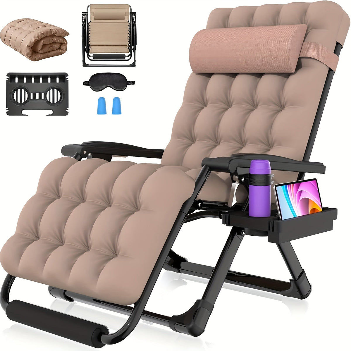 Oversized XXL Zero Gravity Chair, 33", 500 Lb Capacity, 1.6" Steel Pipes, 90°-170° Aluminum Lock Recliner, Removable Cushion & Headrest, Footrest, Cup Holder, Eye Mask & Earplugs, for Outdoor Camping, Patio & Beach