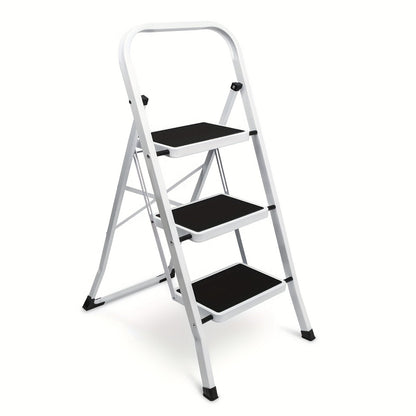 3-Step Folding Step Stool Ladder – 500 LB Capacity Wide Anti-Slip Pedal Handgrip Lightweight Portable Steel for Home Kitchen & Workshop in White & Black