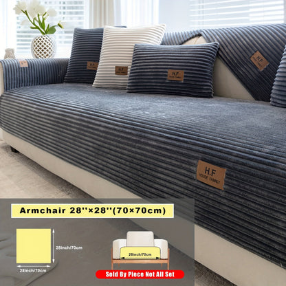 Short Plush Striped Sofa Cover & Cushion - All-Season, Pet-Friendly & Non-Slip - Armchair, Loveseat, 3/4/5-Seater, Backrest, Armrest & Pillowcase - White, Dark Gray, Light Gray, Coffee & Blue