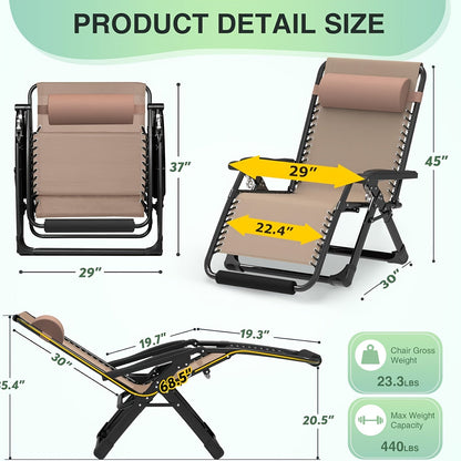 Oversized XXL Zero Gravity Chair, 33", 500 Lb Capacity, 1.6" Steel Pipes, 90°-170° Aluminum Lock Recliner, Removable Cushion & Headrest, Footrest, Cup Holder, Eye Mask & Earplugs, for Outdoor Camping, Patio & Beach