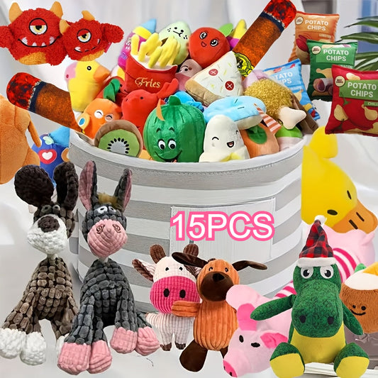 15-Piece Cartoon Plush Squeaky Dog Toy Set – Cute Random Style BB Squeaker Chew Toys for Small Dogs, No Battery Needed, Durable Soft Plush Toys for Teeth Cleaning & Play, Variety Gift Pack