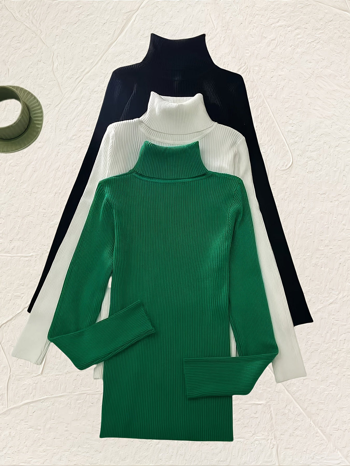 Women's 3-Piece High Collar Pullover Set – Soft High-Stretch 60% Elastane Solid Color Turtleneck Tops Bundle in Mixed Colors for Everyday Wear