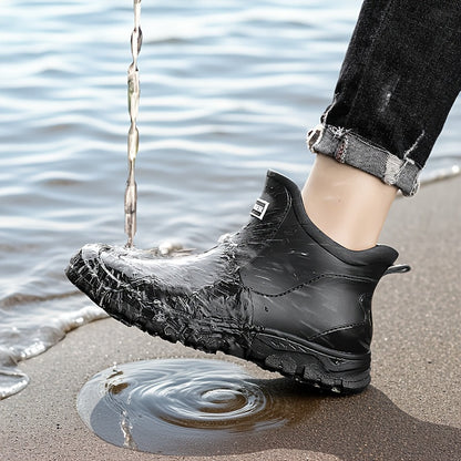 Lightweight Non-Slip Short Ankle Rain Boots for Men and Women Cushioned Insoles Breathable Lining Textured Anti-Slip Sole Fashionable Unisex Couple Rain Boots for Car Washing Outdoor Activities Black Beige US 5.5-12